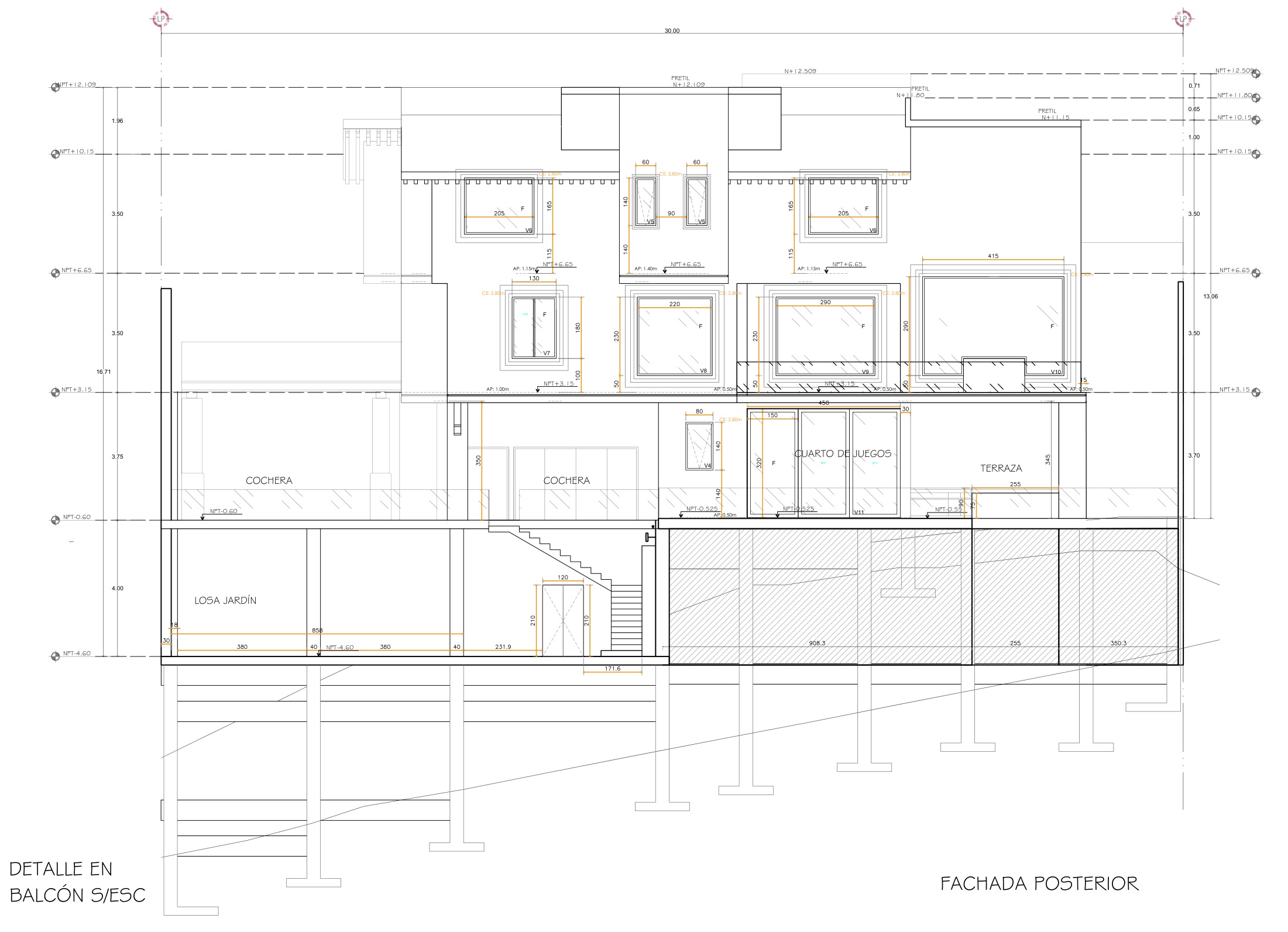 Residencia · sección y fachada posterior